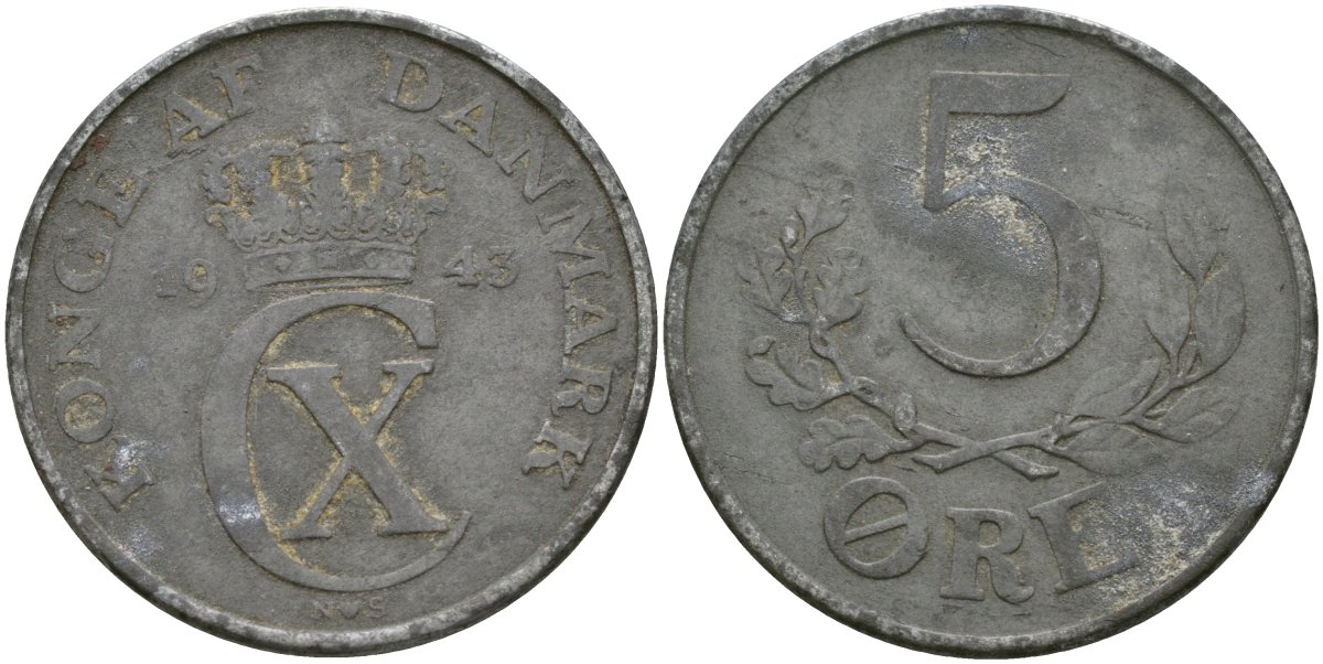 Дания 5 эре 1945 KM 834a цинк 4165-325