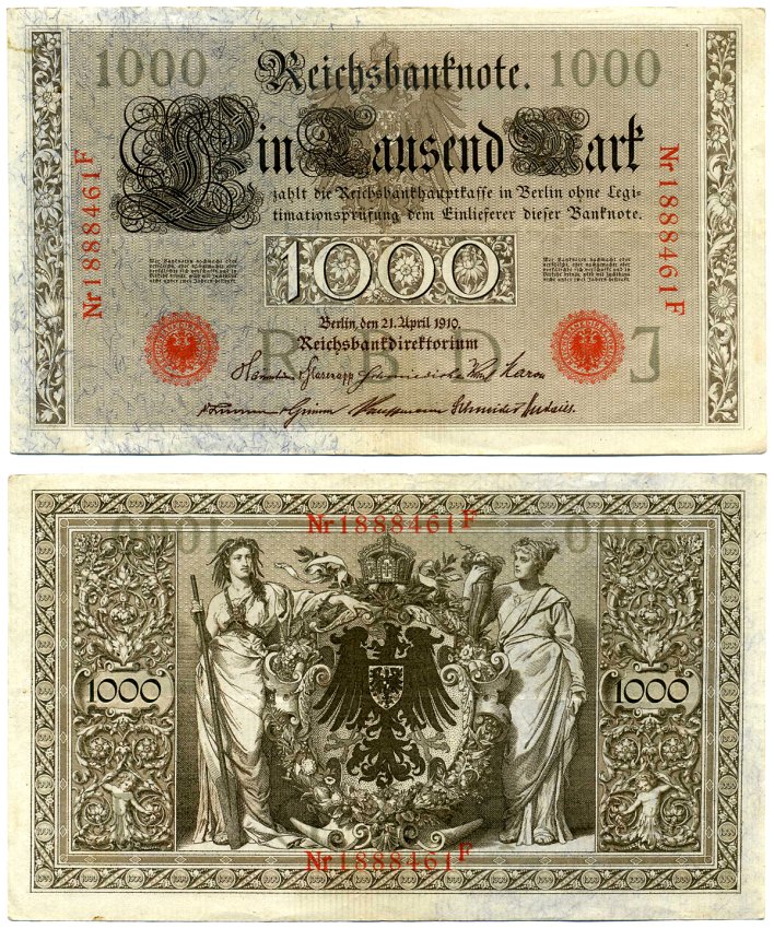 Германия 1000 марок 1910 21 апреля 1910, красная печать, номер семизначный, серия F, буква J, выпуск СЕНТЯБРЬ - ОКТЯБРЬ 1921 Pick 44, Роземберг 45с бумага VF 8606-39-2-2