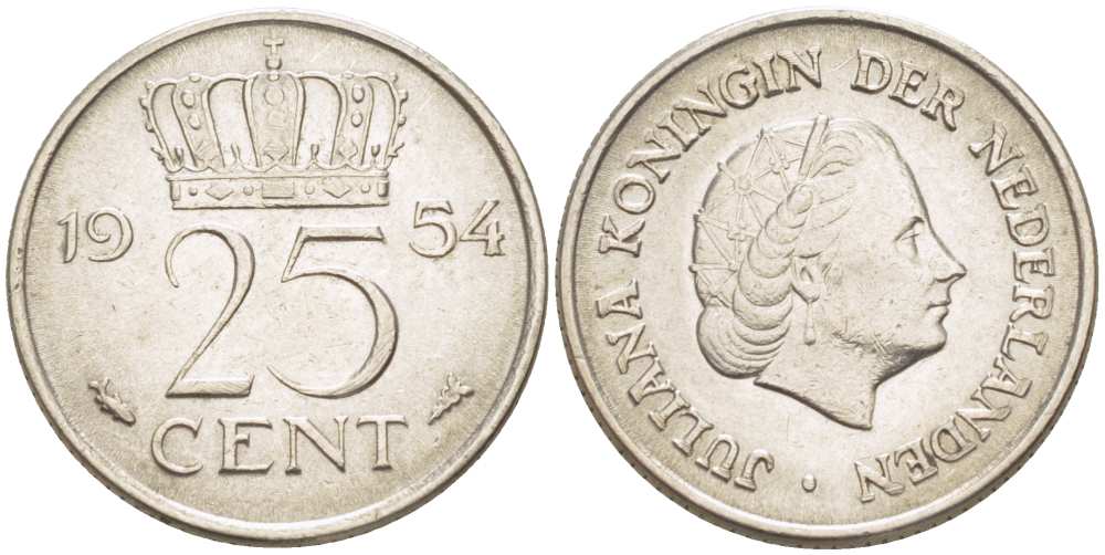 НИДЕРЛАНДЫ 25 ЦЕНТОВ 1954 КОРОЛЕВА ЮЛИАНА KM 183 никель 3955-147