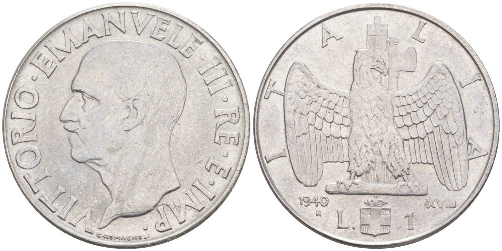 ИТАЛИЯ 1 ЛИРА 1940 R, ГОД XVIII, ВИКТОР ЭММАНУИЛ III (1900-1946), МАГНИТНАЯ, ГУРТ РИФЛЁНЫЙ KM 77b, VEM3. 1099 нержавеющая сталь 3855-411