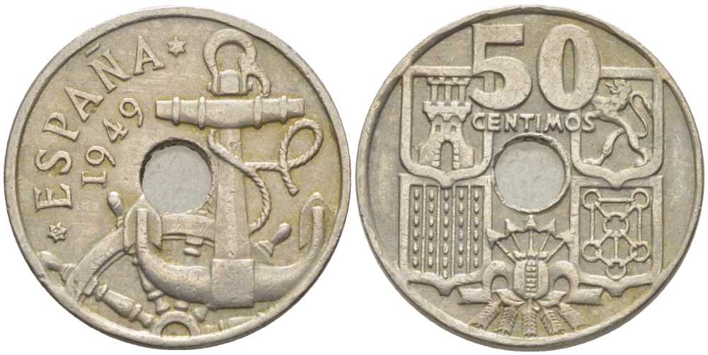 ИСПАНИЯ 50 СЕНТИМО 1949 (62) ФРАНСИСКО ФРАНКО ДИКТАТОР ИСПАНИИ (1939-1975), МОРСКАЯ АТРИБУТИКА KM 777 медно-никель 116-1051