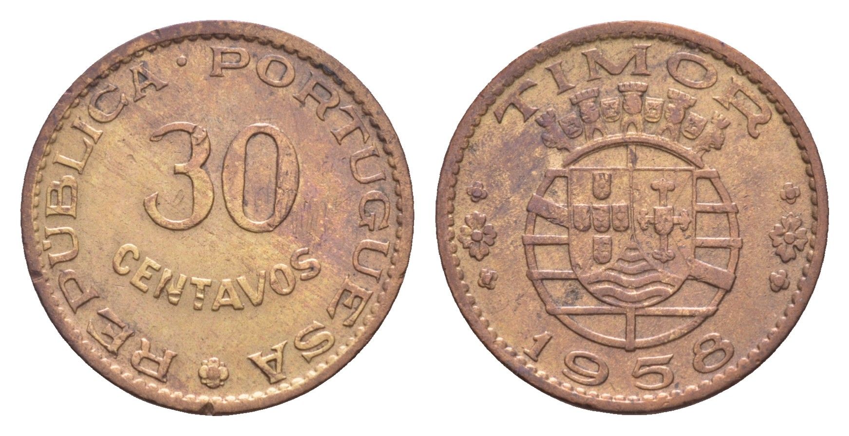 Португальский Тимор 30 сентаво 1958 год-тип KM 11 бронза 413-1334