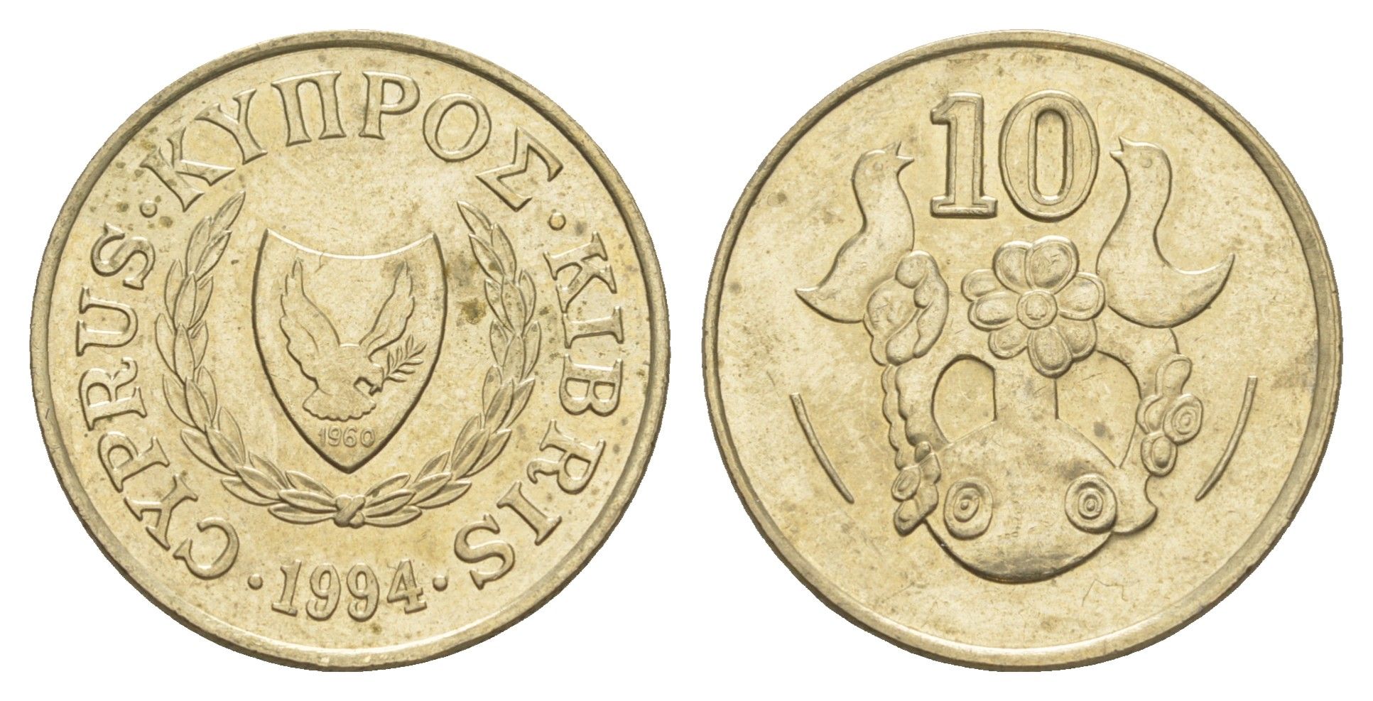 Кипр 10 центов 1994 ваза с птичками KM 56.3 никель латунь UNC 4652-344