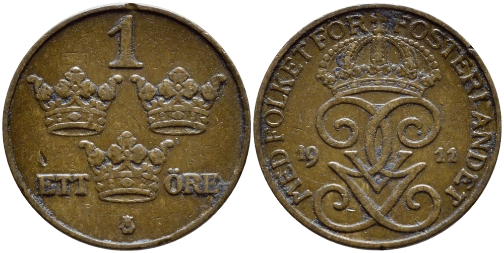 Швеция 1 эре 1911 Густав V (1907-1950) KM 777.2 бронза 4396-212