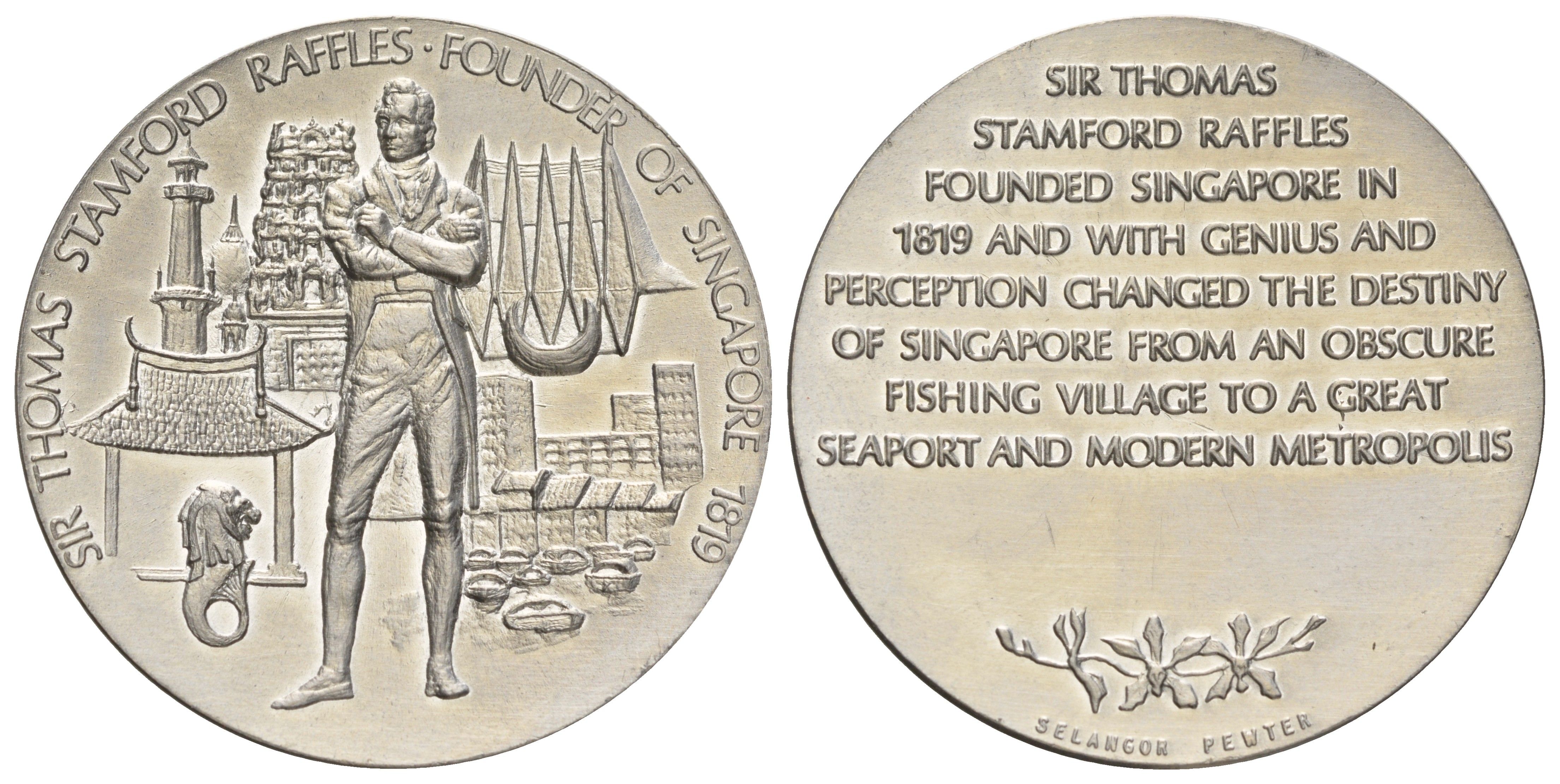 Сингапур медаль в честь Основание Сингапура - сэром Стэмфордом Раффлзом в оригинальном буклете, диаметр 70 мм, вес олово UNC 1-4-2-13