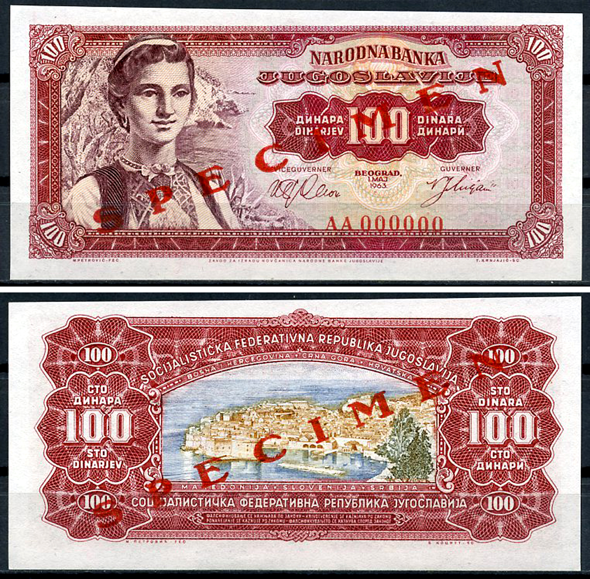 Югославия 100 динаров 1963 хорватка, Дубровник (Рагуза), Specimen, Образец, красная диагональная надпечатка Pick 73 s  бумага  UNC (пресс) 451-1272-3