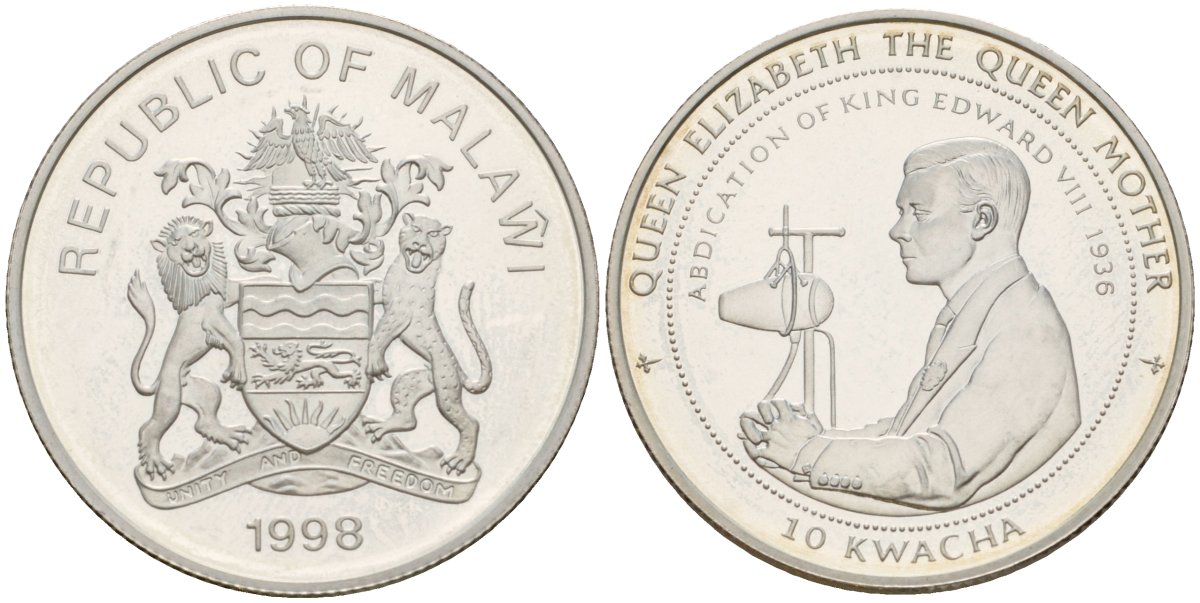 Малави 10 квача 1998 серия королева Елизавета - королева мать, Эдуард VIII речь об отречении KM нет серебро PROOF 1099-3-42