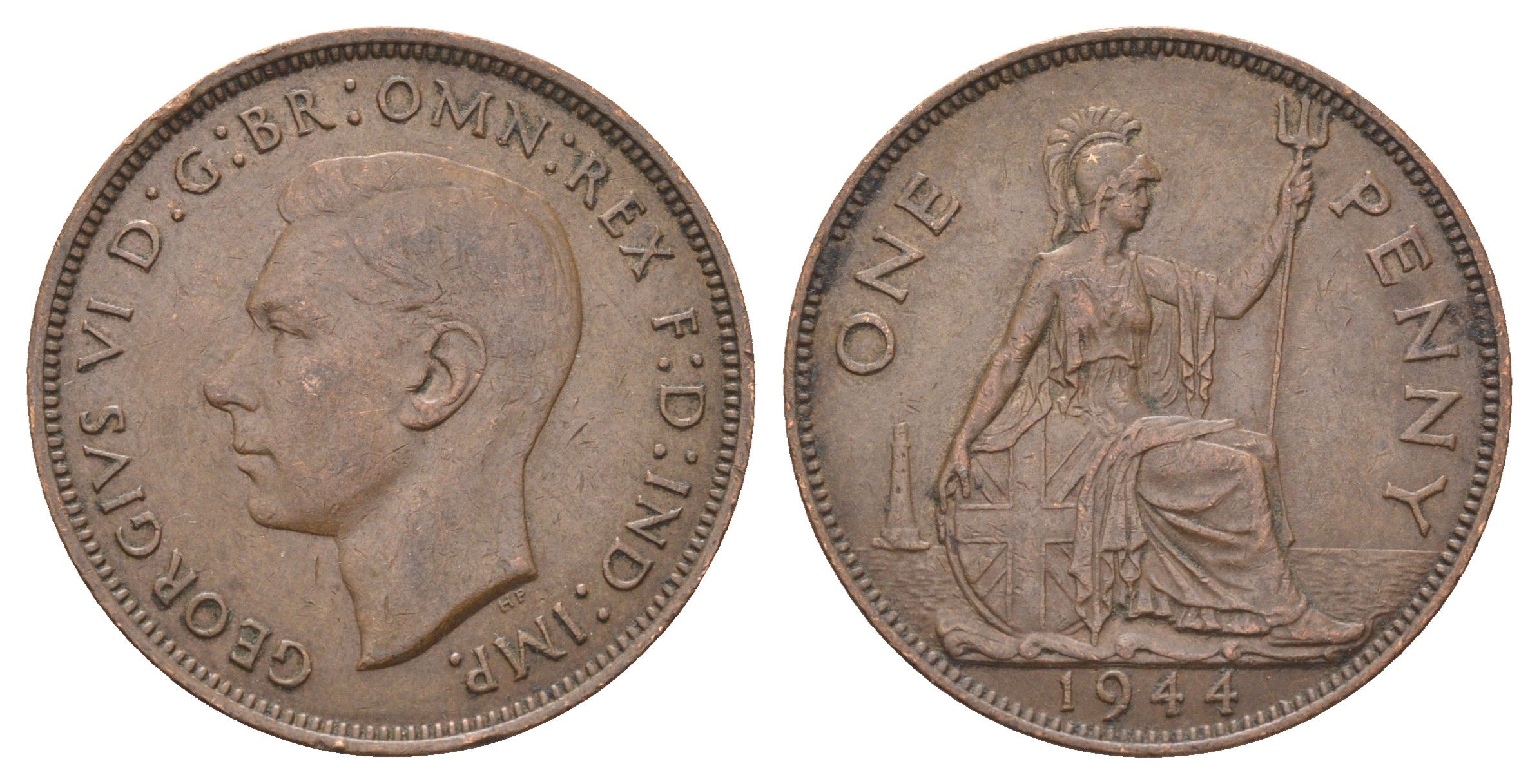 Великобритания 1 пенни 1944 Георг VI (1936-1952) KM 845, Spink 4114 бронза 4536-944