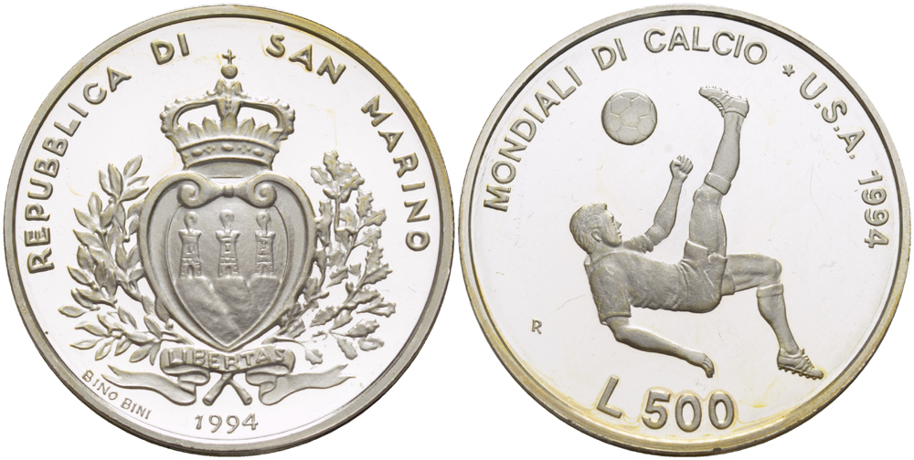 Сан-Марино 500 лир 1994 R, чемпионат мира по футболу В США 1994 года, игрок с мячом KM 317 серебро PROOF 1074-8-15