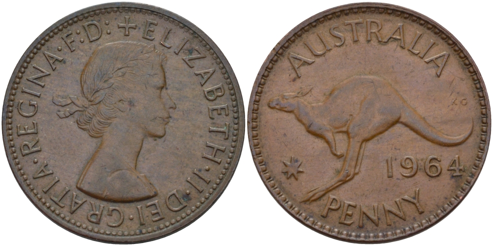 АВСТРАЛИЯ 1 ПЕННИ 1964 m, ЕЛИЗАВЕТА II (1953-), КЕНГУРУ KM 56 бронза 82-812