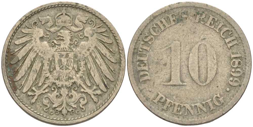 ГЕРМАНИЯ 10 ПФЕННИГОВ 1899 G KM 12, J. 13 медно-никель 4401-1121