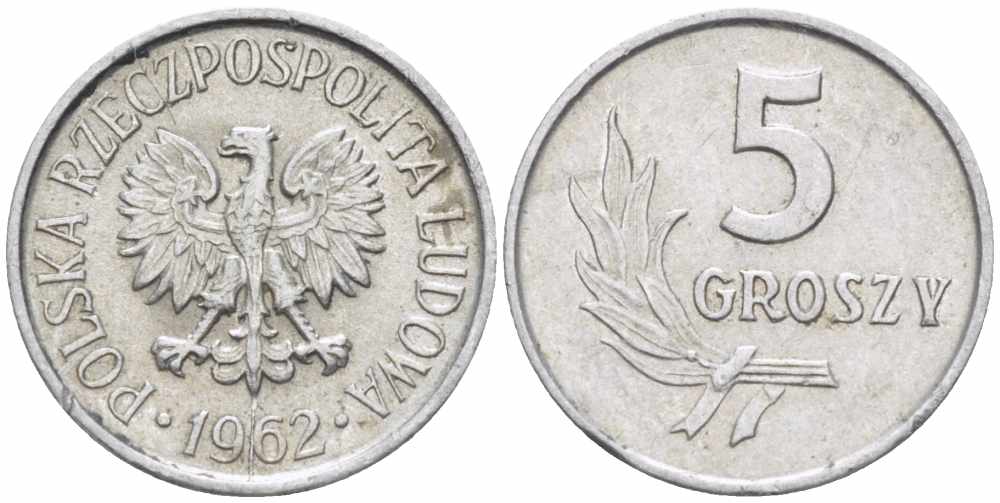 ПОЛЬША 5 ГРОШЕЙ 1962 KM А46 алюминий 105-729