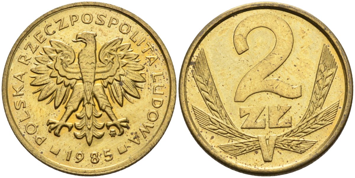 Польша 2 злотых 1985 MW, Народная Республика KM 80.1, Parchimowicz 217l латунь UNC 4580-753