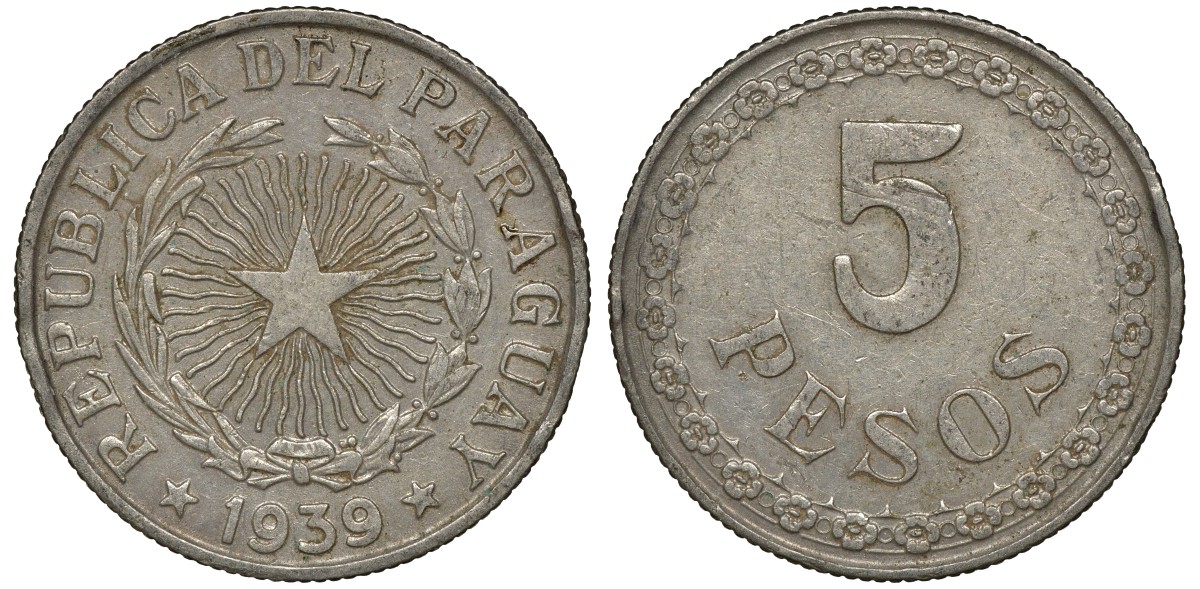 ПАРАГВАЙ 5 ПЕСО 1939 ГОД ТИП KM 18 медно-никель 72-1454