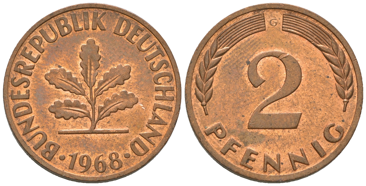 ФРГ 2 пфеннига 1968 G, из ролла J 381 a, KM 106 a сталь плакированная медью  aUNC  4173-111