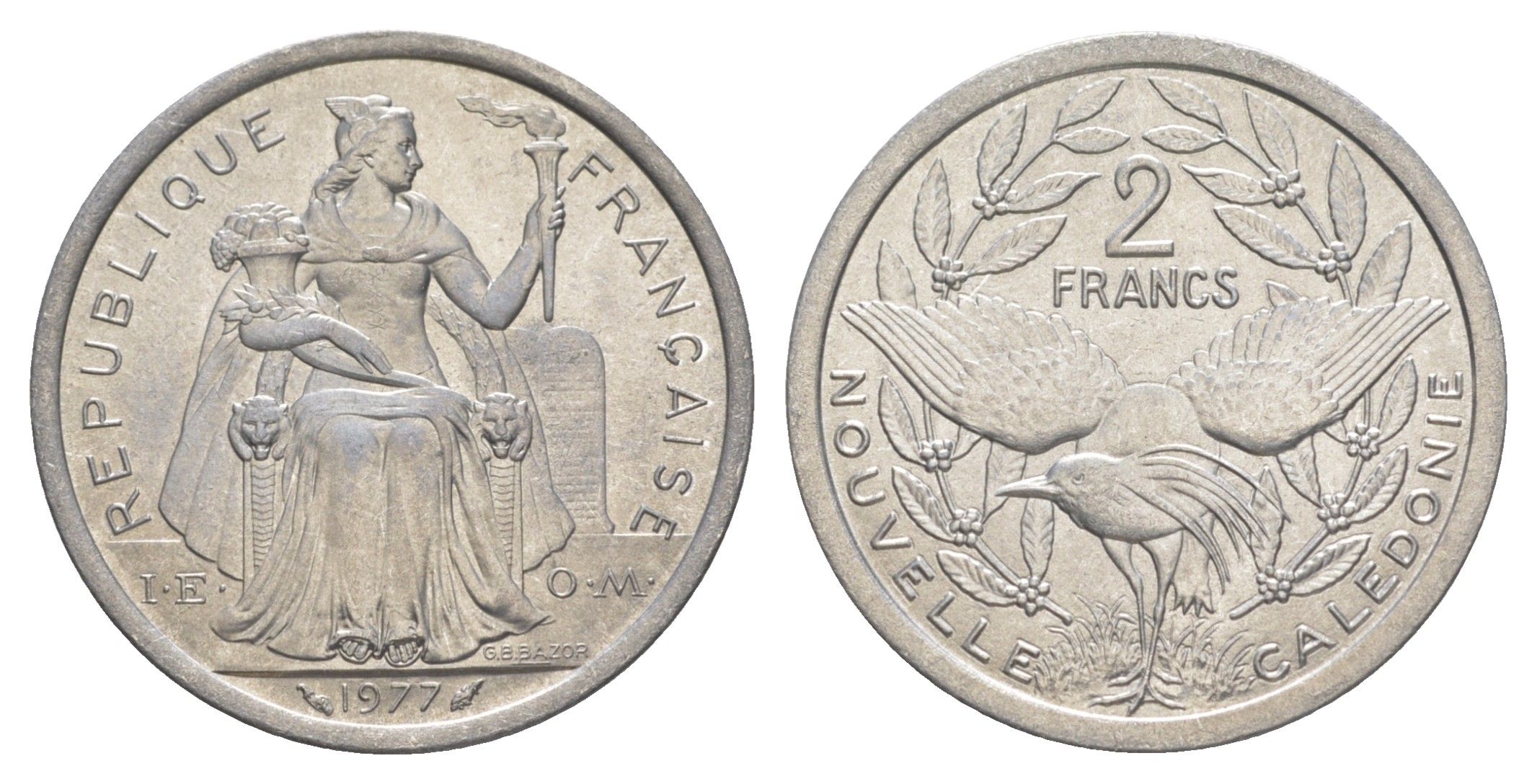 Французская Новая Каледония 2 франка 1977 KM 14 алюминий UNC 4641-143