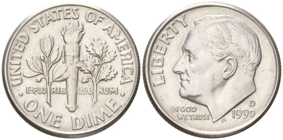 США 10 центов (дайм) 1990 D, Рузвельт KM 195a медь плакированная медно-никелем UNC 4611-211