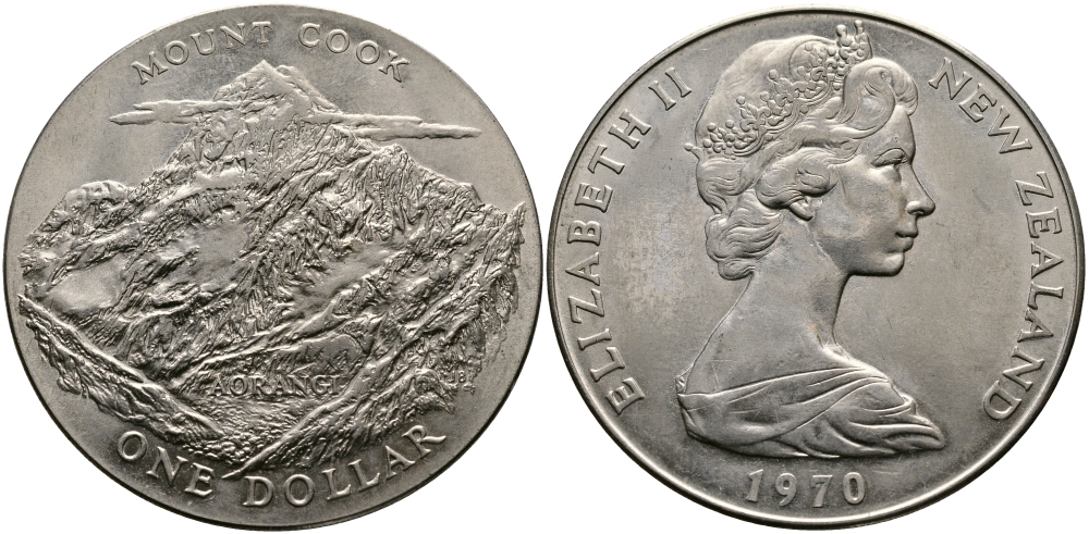 Новая Зеландия 1 доллар 1970 гора Кука, Аораки, Елизавета II (1952-2022) KM 42 медно-никель UNC 118-222