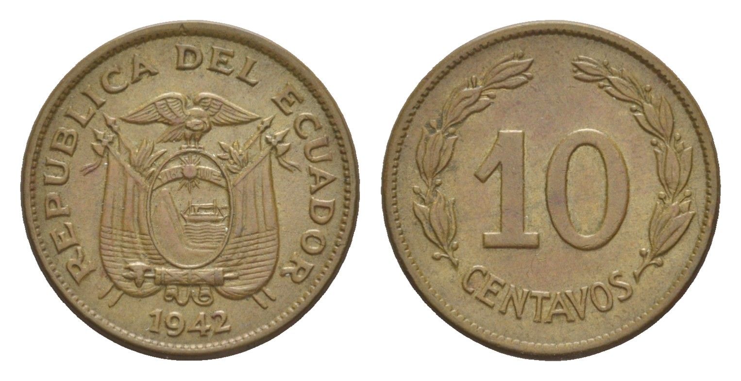 Эквадор 10 сентаво 1942 KM 76a латунь 1528-1433