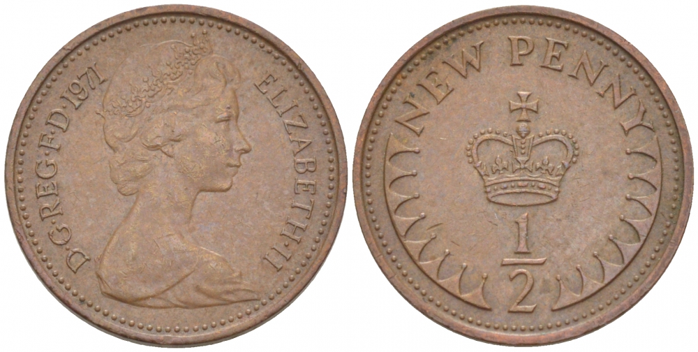 Великобритания 1/2 пенни 1971 Елизавета II (1952-2022) KM 914, Spink 4239 бронза 112-518