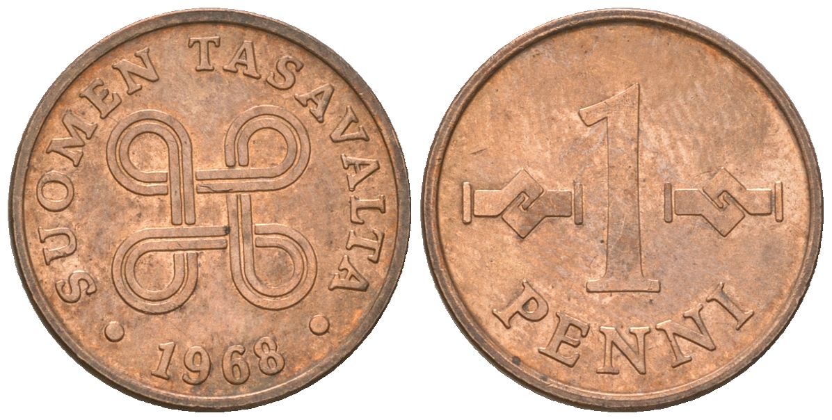 Финляндия 1 пенни 1968 KM 44 медь 4174-334