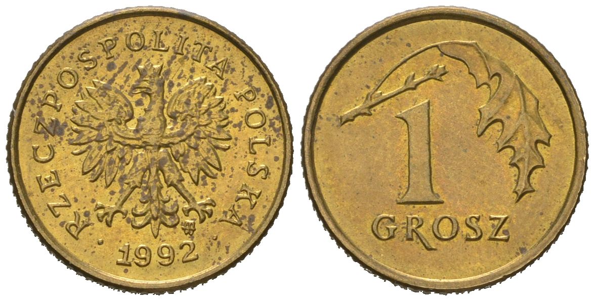 Польша 1 грош 1992 KM 276 латунь UNC 4567-112
