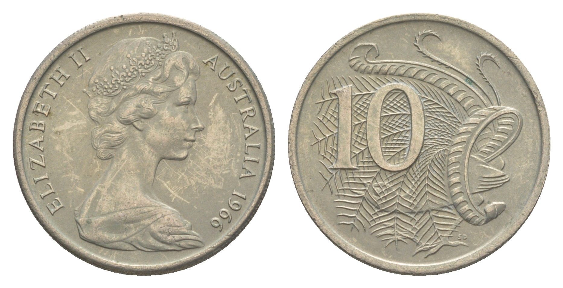 Австралия 10 центов 1966 Елизавета II (1952-2022), птица лирахвост KM 65 медно-никель 4364-3044