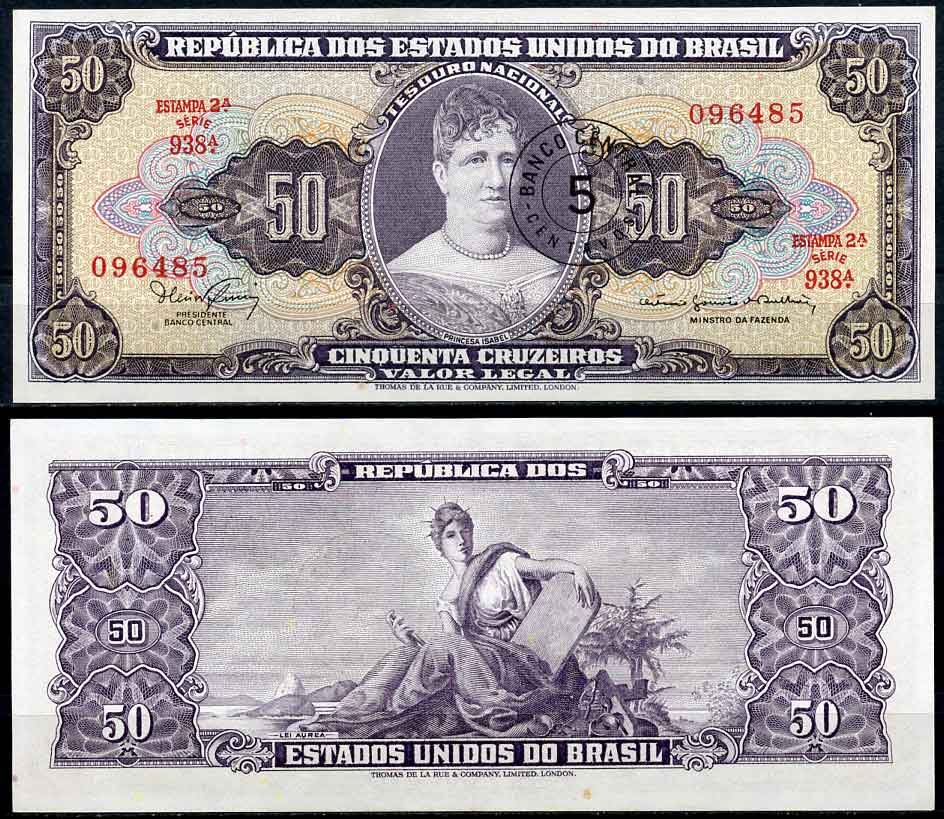 Бразилия 5 сентаво 1966 надпечатка на 50 крузейро, серия 938, Estampa 2A, Жетулиу Варгас Pick 184 a бумага UNC (пресс) 2196-39-1-2