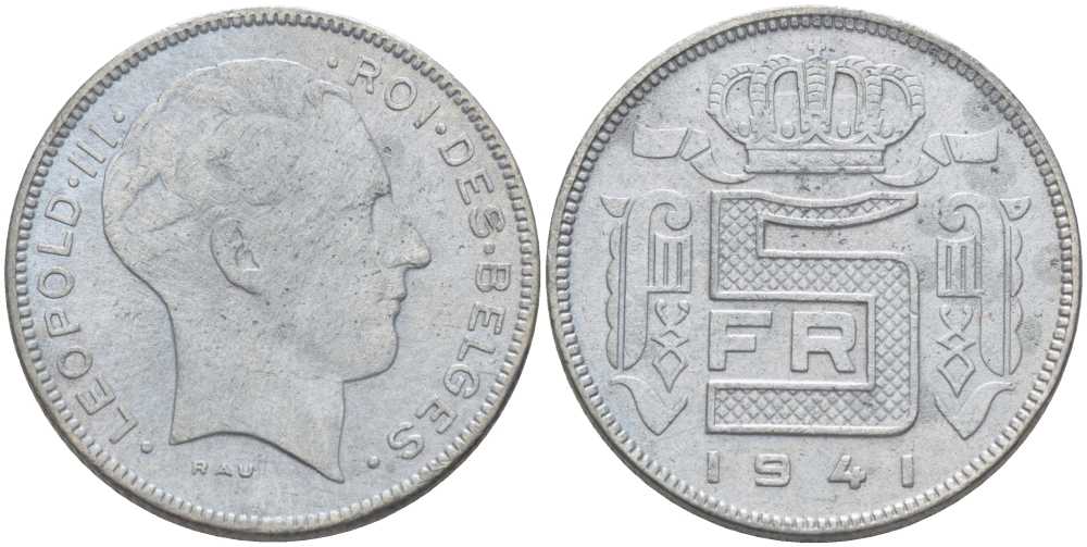 БЕЛЬГИЯ 5 ФРАНКОВ 1941 BELGES, ЛЕОПОЛЬД III (1934-1950) ГЕРМАНСКАЯ ОККУПАЦИЯ, ВТОРАЯ МИРОВАЯ ВОЙНА KM 129.1 цинк 202-1141
