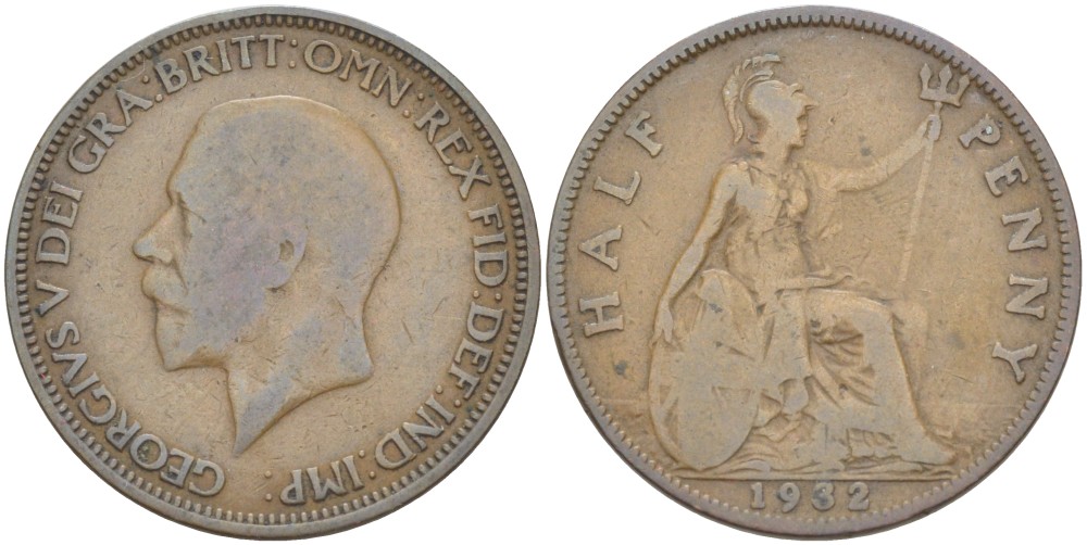 Великобритания 1/2 пенни 1932 Георг V (1910-1936) KM 837, Spink 4058 бронза 4514-635