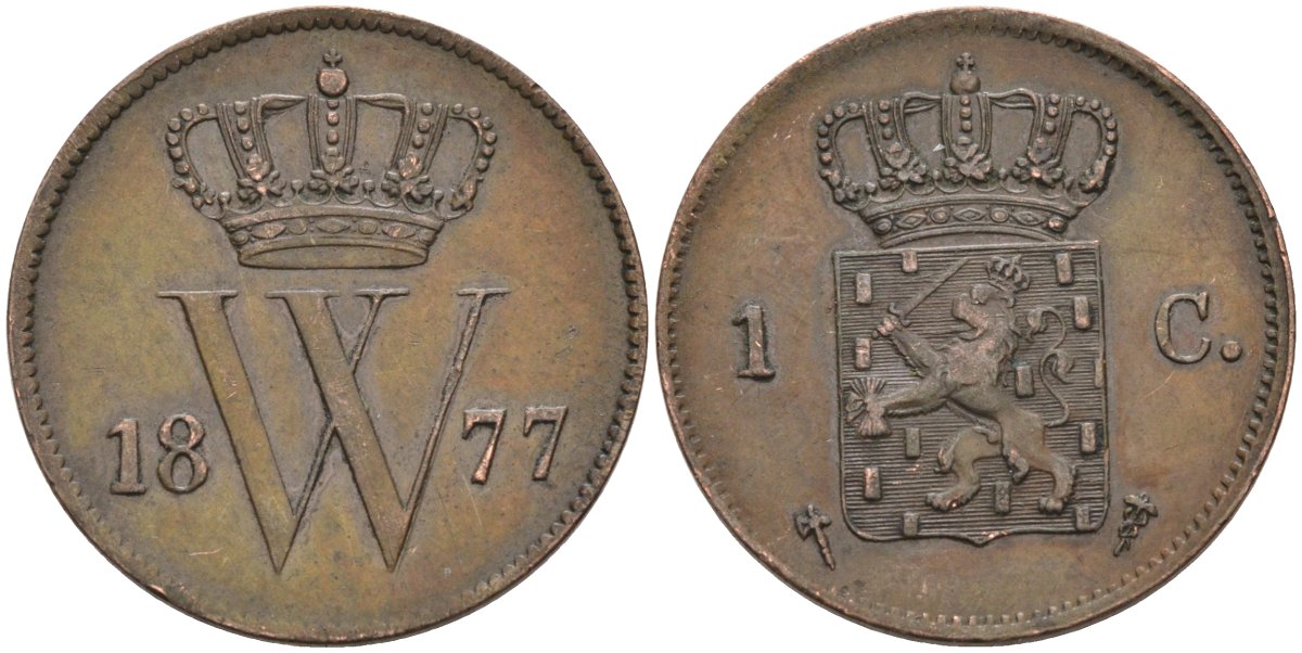 Нидерланды 1 цент 1877 Виллем III (1849-1890) KM 100 медь 4575-935