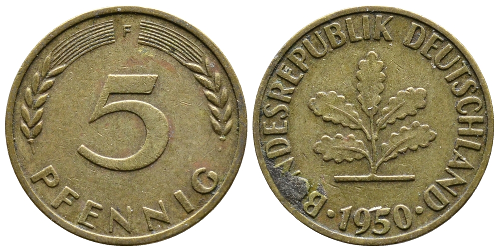 ФРГ 5 ПФЕННИГОВ 1950 F KM 107, J.382 сталь плакированная латунью 26-1057