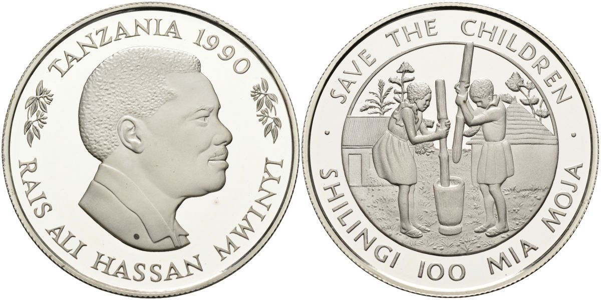 Танзания 100 шиллингов 1990 международный фонд "Спасите детей", тираж 20000 экз. KM 24 серебро PROOF 00-00