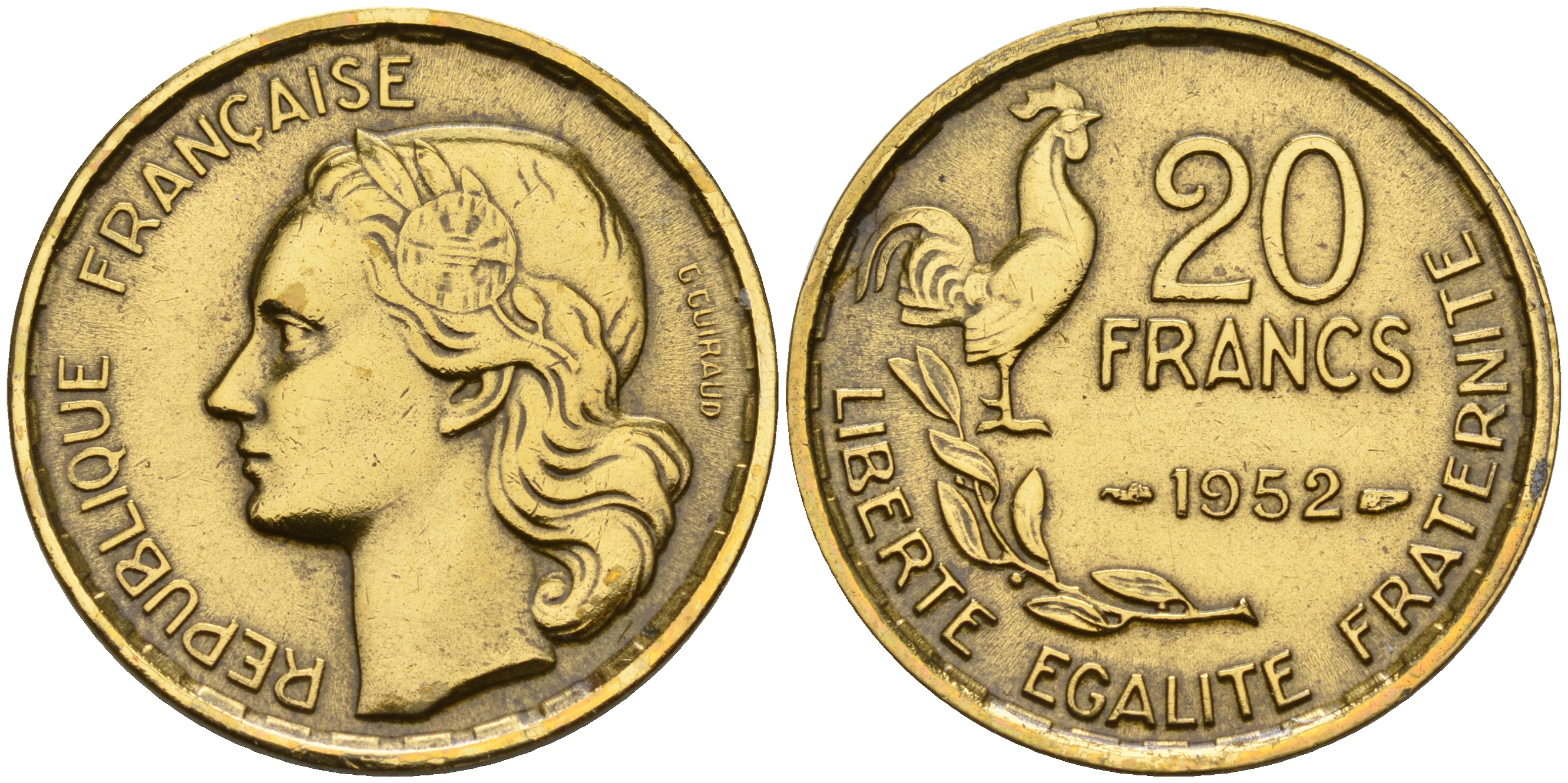 Франция 20 франков 1952  KM 917.1 алюминиевая бронза    4153-512