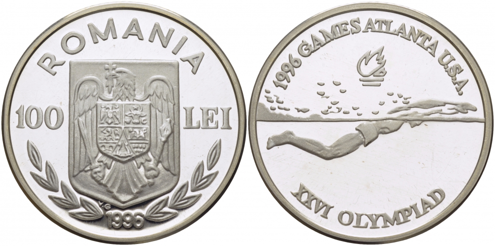 Румыния 100 леев 1996 XXVI олимпийские игры 1996 года в Атланте, плавание KM 119 серебро PROOF 1077-6-31