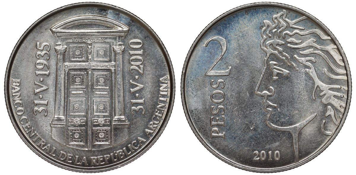 Аргентина 2 песо 2010 75 лет Центральному Банку KM 162 медно-никель UNC 4394-1115