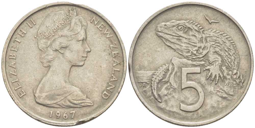 Новая Зеландия 5 центов 1967 Елизавета II (1952-2022), ящерица гаттерия KM 34.1 медно-никель 105-742