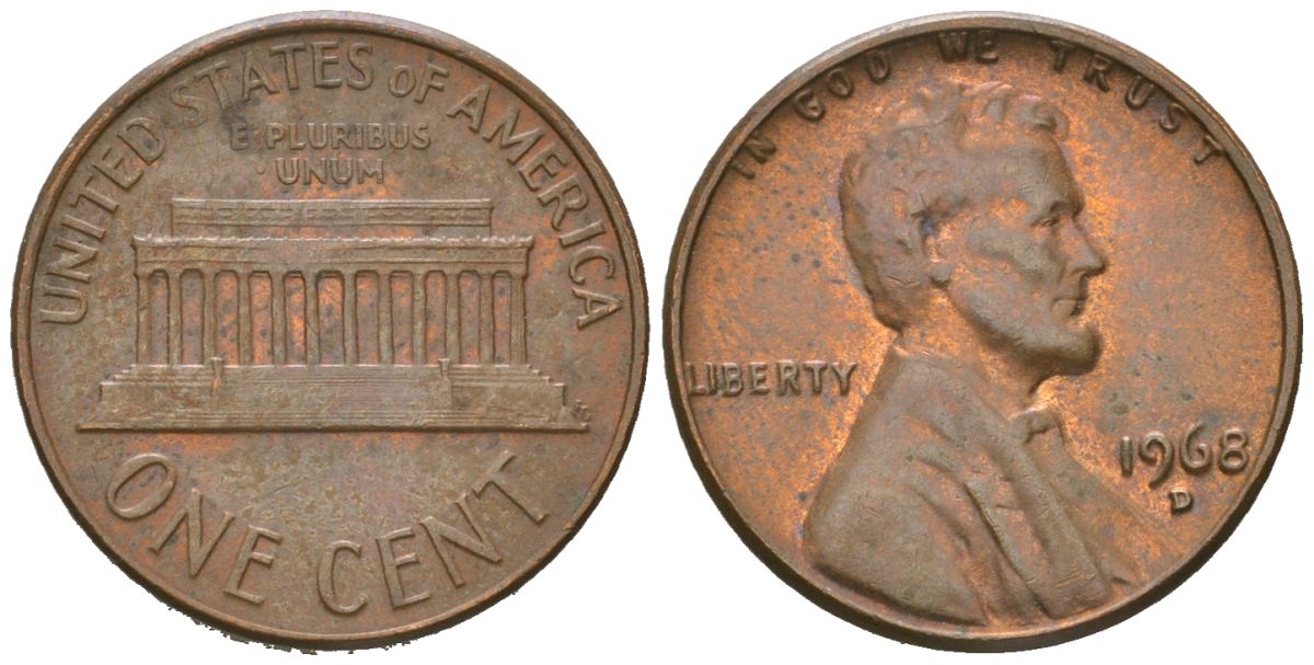 США 1 цент 1968 D, Авраам Линкольн  KM 201 медь цинк aUNC 220-845