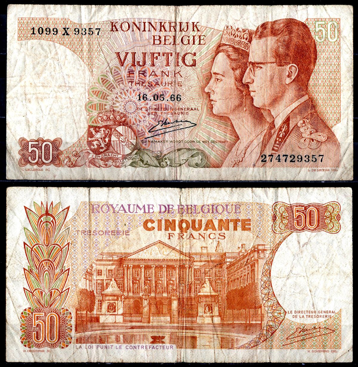 Бельгия 50 франков 1966 Pick 139(3) бумага 6266-12-2-2