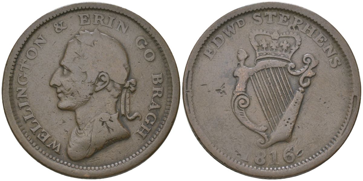 Ирландия 1 пенни 1816 Веллингтон, Эдвард Бьюли, рубчатый гурт Withers 1810, Davis?10 медь 1523-443