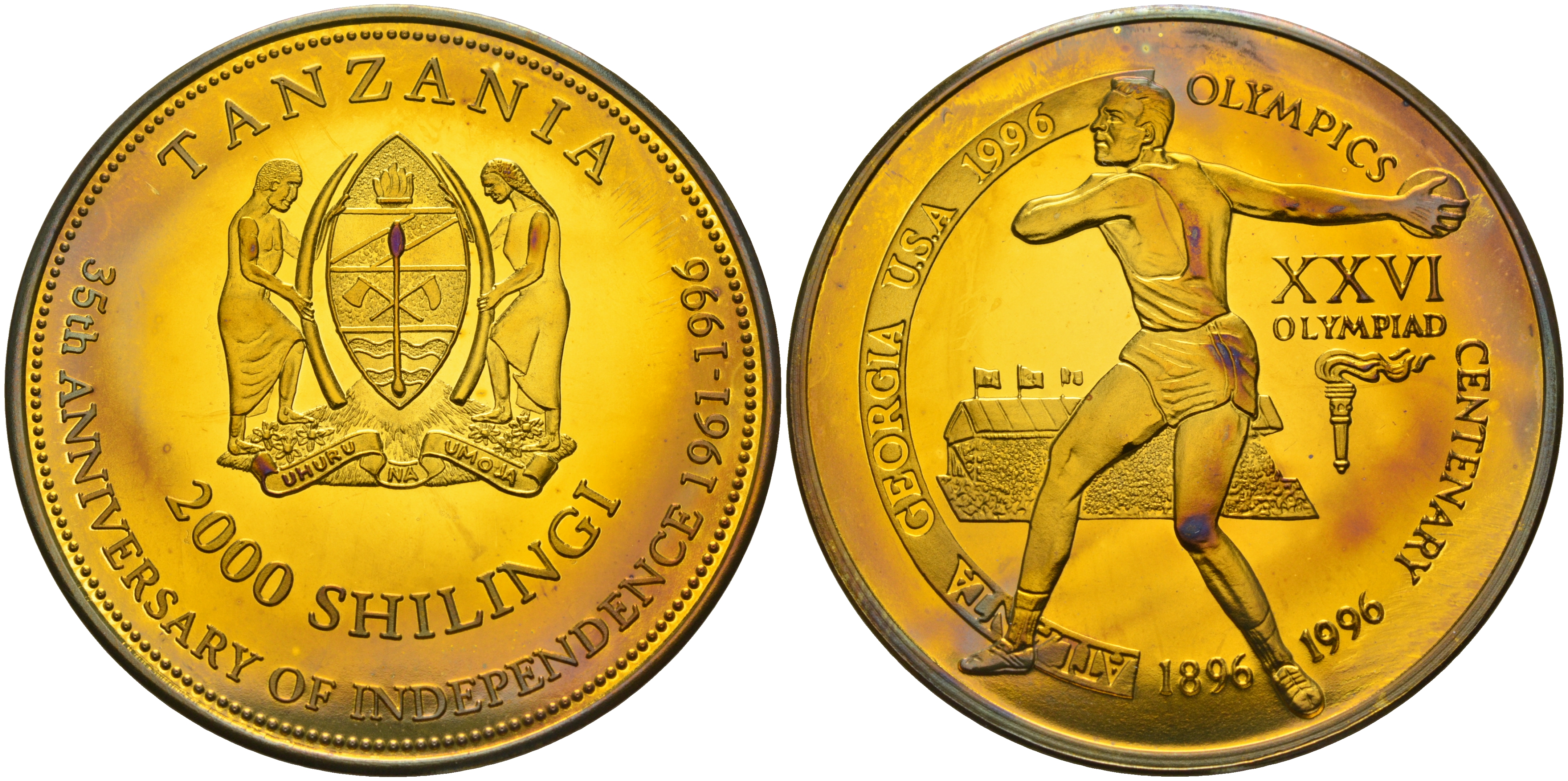 Танзания 2000 шиллингов 1996 XXVI Олимпийские игры 1996 года в Атланте, 100 лет Олимпийскому движению, дискобол, пробник, гладкий гурт латунь PROOF 06-156-11