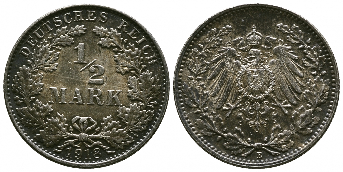 ГЕРМАНИЯ 1/2 МАРКИ 1918 E J. 16, KM 17 серебро aUNC 4381-525
