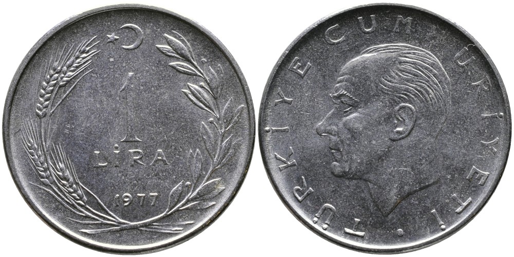 Турция 1 лира 1977 Мустафа Кемаль Ататюрк KM 889а.2 нержавеющая сталь 4541-526