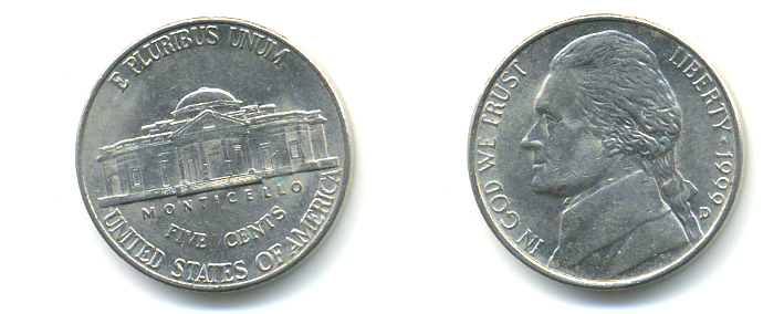 США 5 ЦЕНТОВ 1999 D ДЖЕФФЕРСОН KM А192 медно-никель 179-812