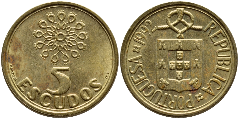 ПОРТУГАЛИЯ 5 ЭСКУДО 1992 KM 632 никель латунь 4395-933