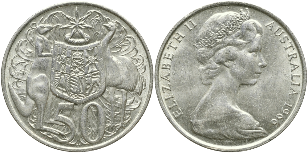 Австралия 50 центов 1966 Елизавета II (1952-2022), герб Австралии, кенгуру KM 67 серебро 84-1112