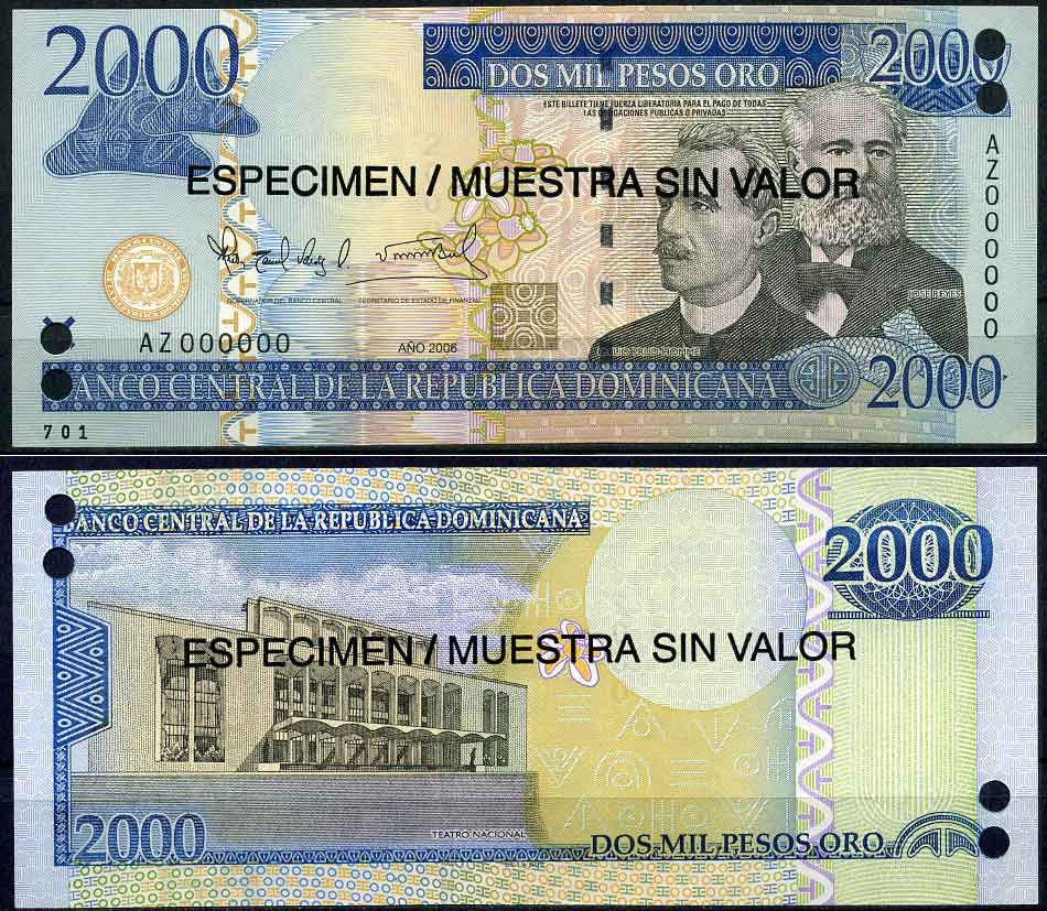 Доминиканская Республика 2000 песо 2006 образец, SPECIMEN Pick 181s бумага UNC (пресс) 2197-41-1-1