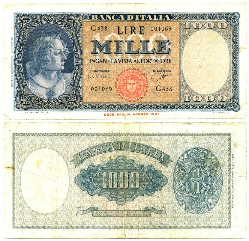 Италия 1000 лир 1947 изображение одной из трех граций(Сандро Боттичели), 1961 Pick 88d 7551-45-3-2
