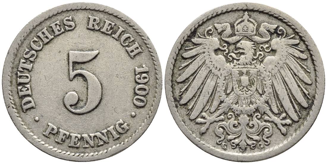 ГЕРМАНИЯ 5 ПФЕННИГОВ 1900 G KM 11, Jager 12, Weege 6 медно-никель 4547-415