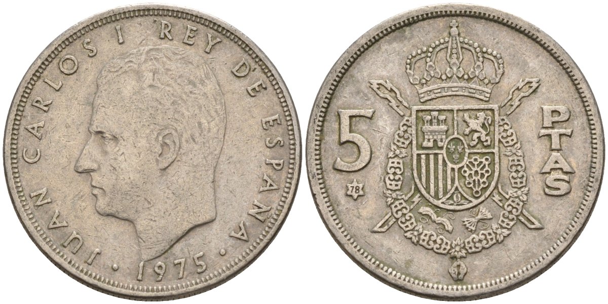 Испания 5 песет 1975 (78) Хуан Карлос I (1975-2014) KM 807 медно-никель 4155-631